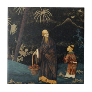 Azulejo Monje y Niño Japonés Antiguo G.A. Audsley
