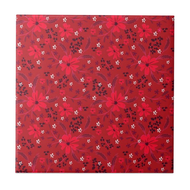 Azulejo Monochromatic bright red retro floral pattern. (Frente)