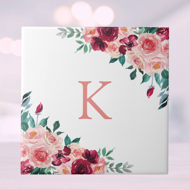 Azulejo Monograma Acuarela Boho Rosa Burdeos Rosa Floral (Close up)