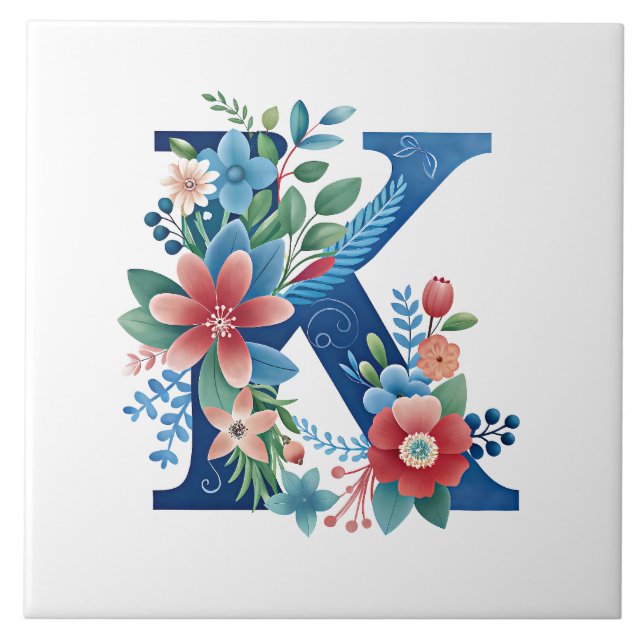 Azulejo Monograma azul K, diseño floral ornamental, (Frente)