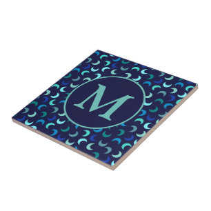 Azulejo Monograma azul Nuevo patrón de la luna