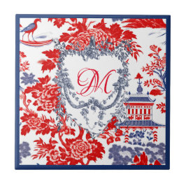 Azulejo Monograma chino chino de lujo francés rojo azul