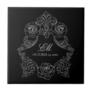 Azulejo Monograma de boda gótico en blanco y negro
