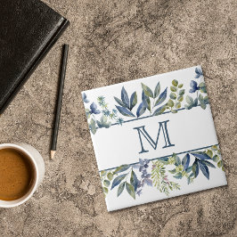 Azulejo Monograma de borde de hojas azules índigo