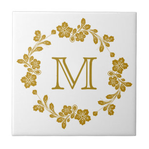 Azulejo Monograma de borde floral de oro retro