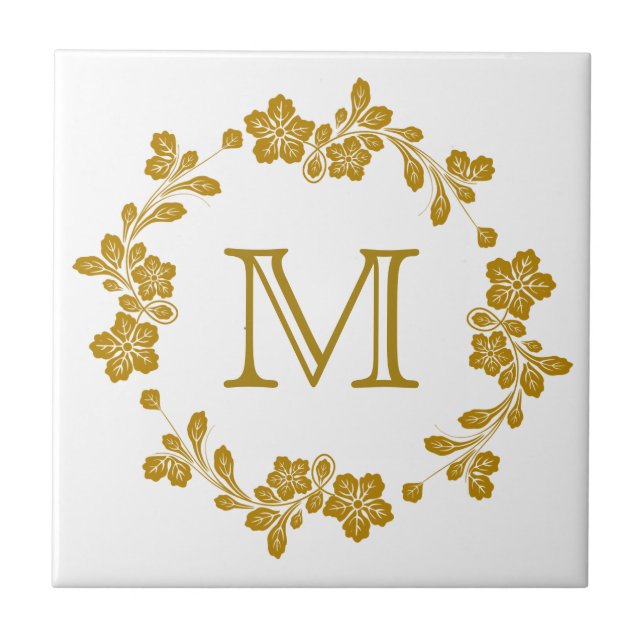 Azulejo Monograma de borde floral de oro retro (Frente)