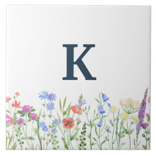 Azulejo Monograma de flor silvestre acuarela