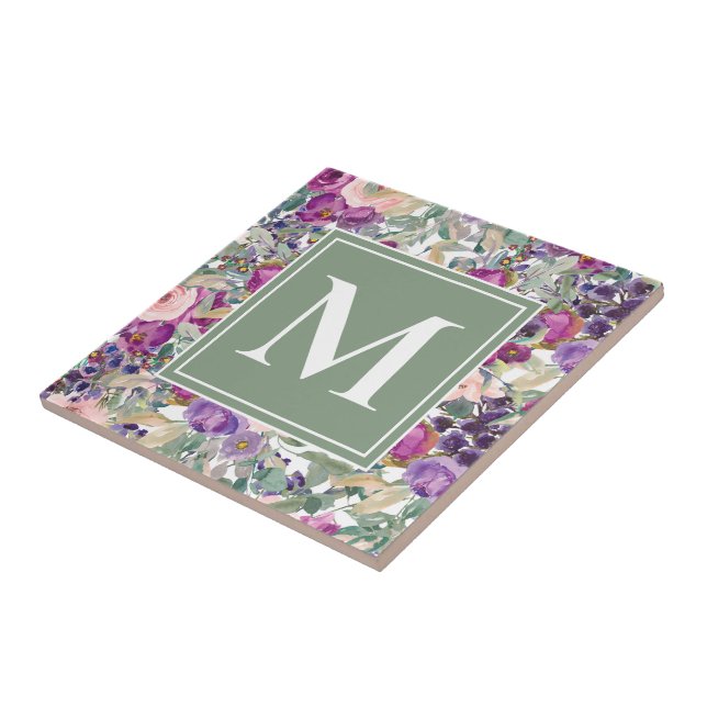 Azulejo Monograma de flores de boho verde rosado morado (Lado)