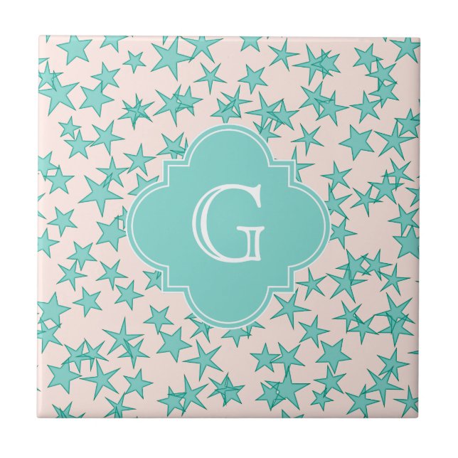 Azulejo Monograma de fondo blanco Aqua Turquoise Stars (Frente)