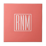 Azulejo Monograma de Iniciales | Blanco Sobre El Coral<br><div class="desc">3 iniciales monogramadas.</div>