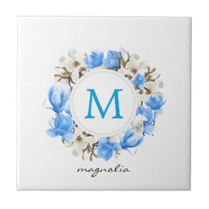 Azulejo Monograma de la flor azul magnolia azul