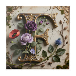 Azulejo Monograma de letra F con patina floral victoriana