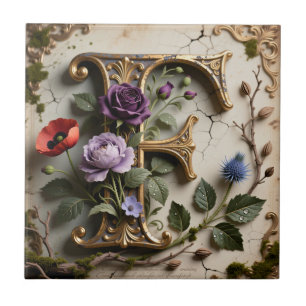 Azulejo Monograma de letra F con patina floral victoriana