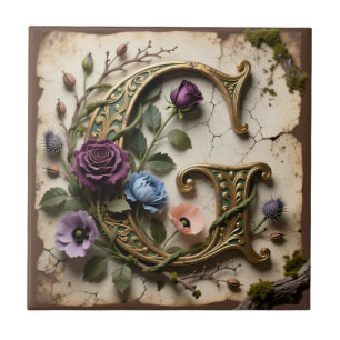 Azulejo Monograma de letra G dorada floral antigua