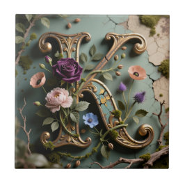 Azulejo Monograma de letra K con pátina floral dorada