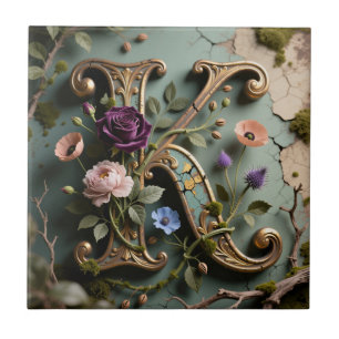 Azulejo Monograma de letra K con pátina floral dorada