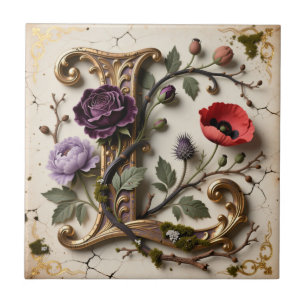Azulejo Monograma de letra L dorada floral victoriana