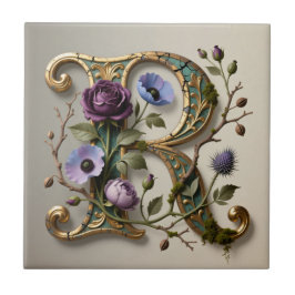 Azulejo Monograma de letra R dorada floral antigua
