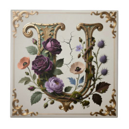 Azulejo Monograma de letra U dorada floral antigua