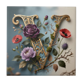 Azulejo Monograma de letra V dorada floral antigua