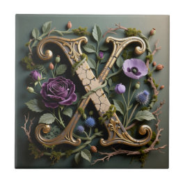 Azulejo Monograma de letra X dorada floral antigua