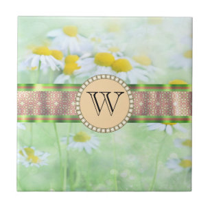 Azulejo Monograma de margarita blanca en pradera verde
