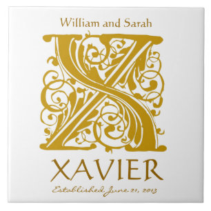 Azulejo Monograma de oro X en blanco - Boda de nombres