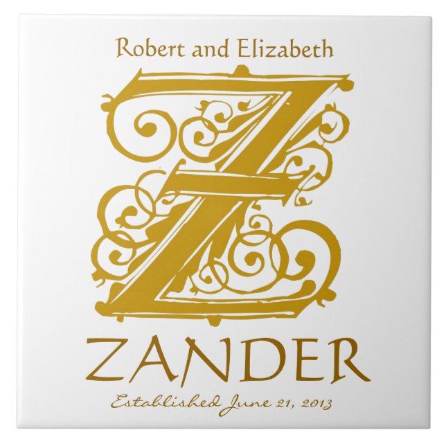 Azulejo Monograma de oro Z en blanco - Boda de nombres (Frente)