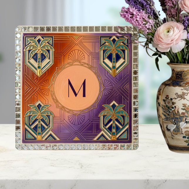Azulejo Monograma de Palma Tropical Art Déco Naranja (Subido por el creador)