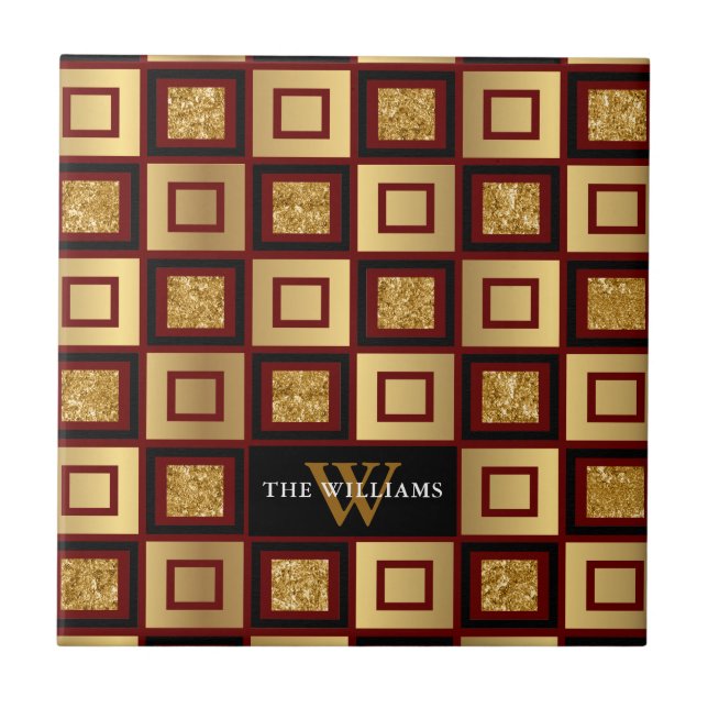 Azulejo Monograma De Patrón De Tablero Rojo, Negro Y Oro (Frente)