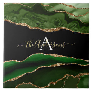 Azulejo Monograma de Purpurina de oro y agio verde