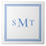 Azulejo Monograma de tres letras azul y blanco<br><div class="desc">Crea tu propio mosaico decorativo de tres letras en blanco y azul en monograma. Fácil de personalizar con las iniciales personalizados en tipografía minimalista elegante.</div>