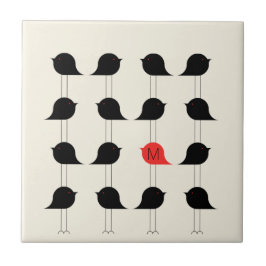 Azulejo Monograma del patrón de pájaros rojos negros moder