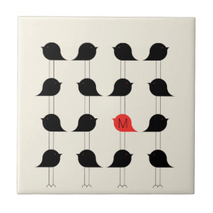 Azulejo Monograma del patrón de pájaros rojos negros moder