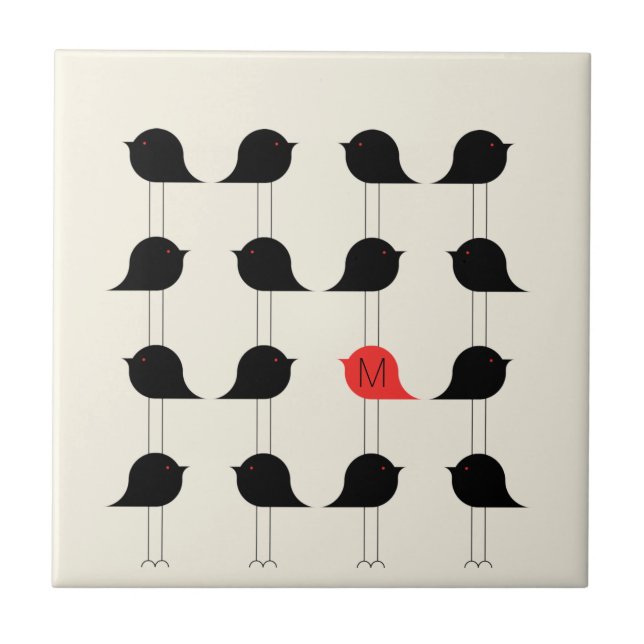 Azulejo Monograma del patrón de pájaros rojos negros moder (Frente)