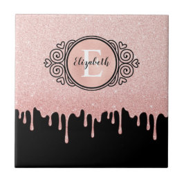 Azulejo Monograma del Purpurina de oro del Rosa negro Girl