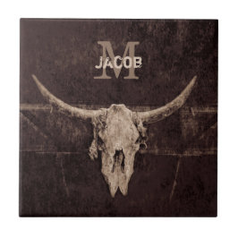 Azulejo Monograma del viejo cráneo de toro beige ruidoso