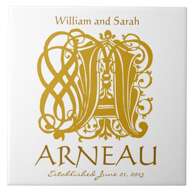 Azulejo Monograma dorado sobre blanco - Boda de nombres (Frente)