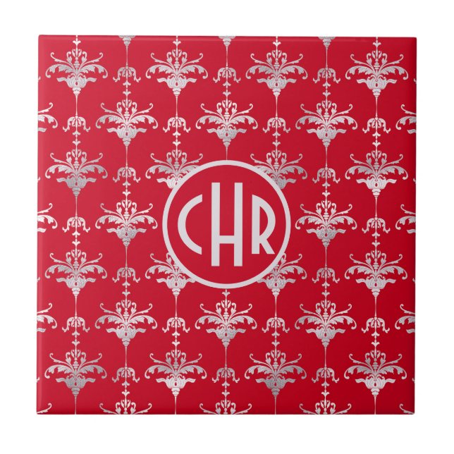 Azulejo Monograma elegante de damasco blanco y rojo (Frente)