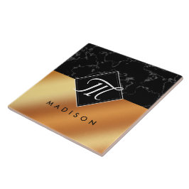 Azulejo Monograma elegante de guion de mármol negro y Reli