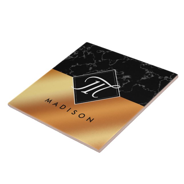 Azulejo Monograma elegante de guion de mármol negro y Reli (Lado)