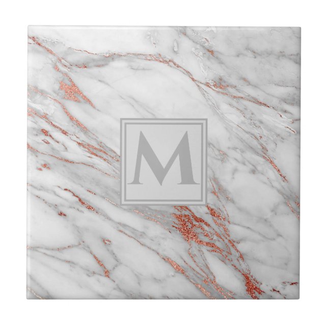 Azulejo Monograma elegante Rosa de cobre blanco de mármol (Frente)