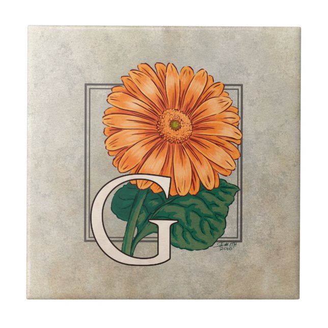Azulejo Monograma floral naranja Gerberas (Frente)