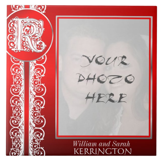 Azulejo Monograma K "Lace blanco sobre rojo" con foto - mo (Frente)