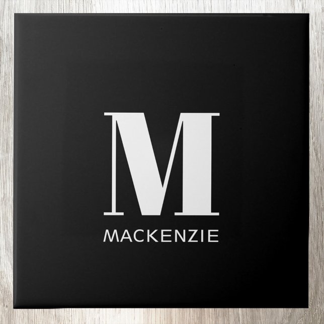 Azulejo Monograma Nombre inicial simple Blanco y negro (Simple personalized monogram initial name black and white ceramic tile)