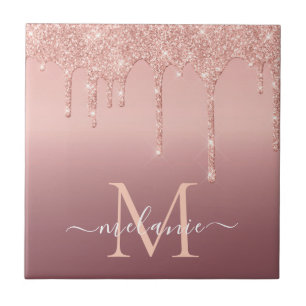 Azulejo Monograma Nombre Rosa Oro Purpurina Rubor Tile Cer