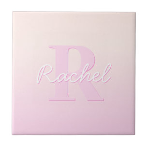 Azulejo Monograma personalizable lindo Ombre rosa y melo