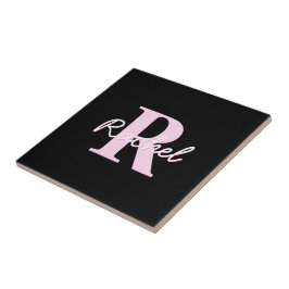 Azulejo Monograma personalizable lindo | Rosa claro y negr