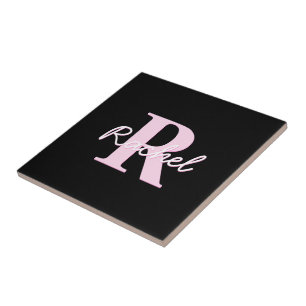 Azulejo Monograma personalizable lindo   Rosa claro y negr