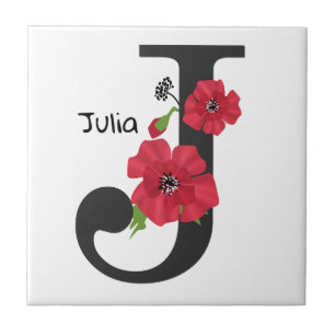Azulejo Monograma personalizado editable J texto flor roja